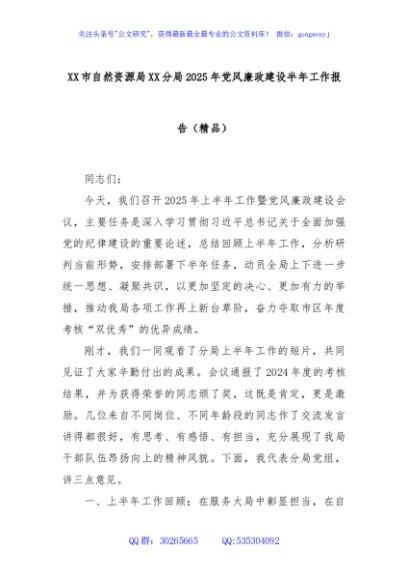XX市自然资源局XX分局2025年党风廉政建设半年工作报告（精品）