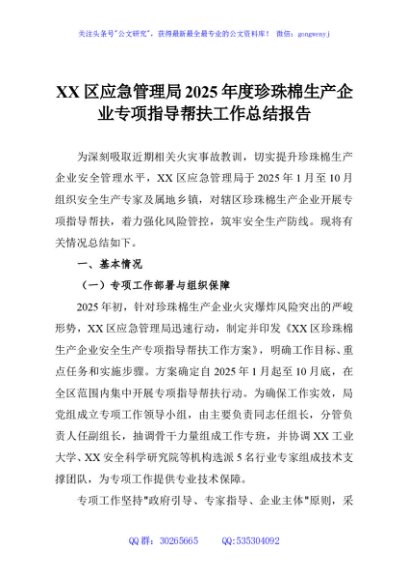 XX区应急管理局2025年度珍珠棉生产企业专项指导帮扶工作总结报告