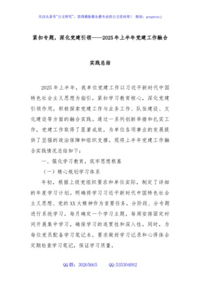 紧扣专题，深化党建引领——2025年上半年党建工作融合实践总结