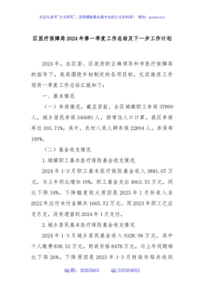 区医疗保障局2024年第一季度工作总结及下一步工作计划
