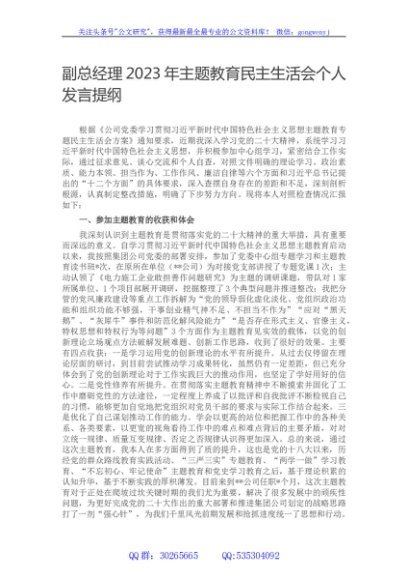 副总经理2023年主题教育民主生活会个人发言提纲