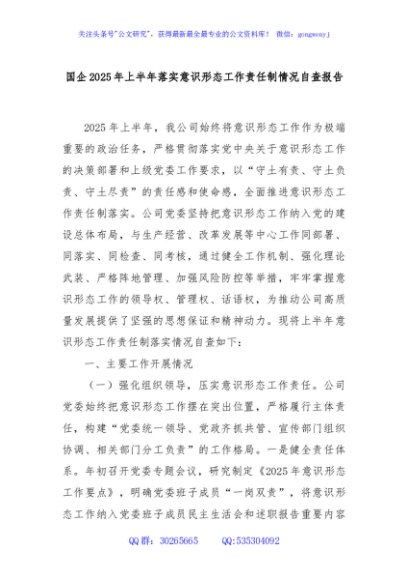 国企2025年上半年落实意识形态工作责任制情况自查报告