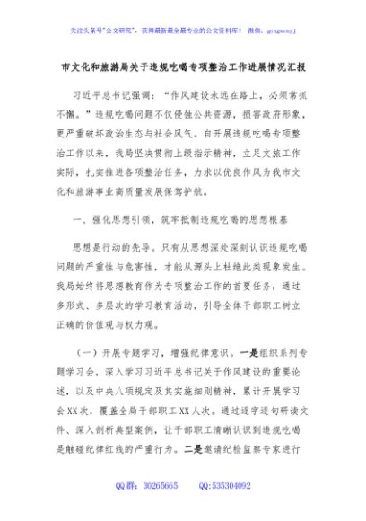 市文化和旅游局关于违规吃喝专项整治工作进展情况汇报