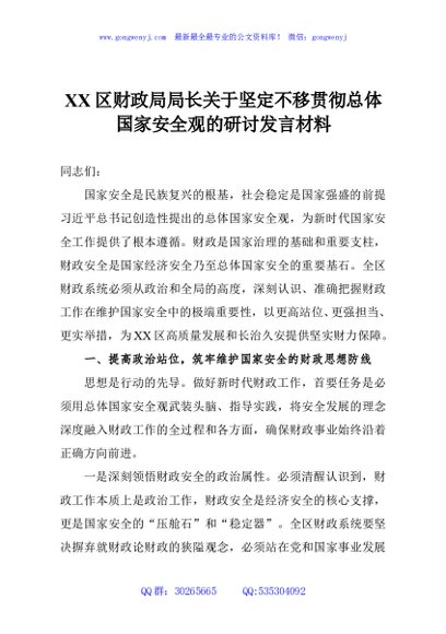 XX区财政局局长关于坚定不移贯彻总体国家安全观的研讨发言材料