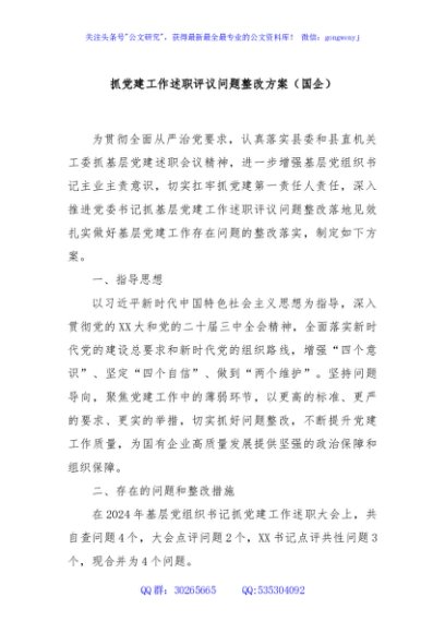 抓党建工作述职评议问题整改方案（国企）