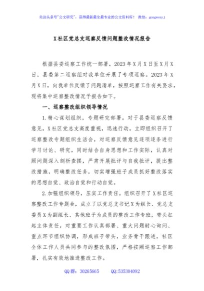 X社区党总支巡察反馈问题整改情况报告