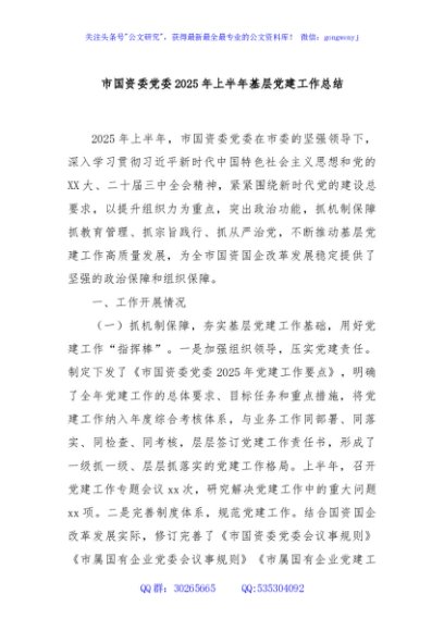 市国资委党委2025年上半年基层党建工作总结