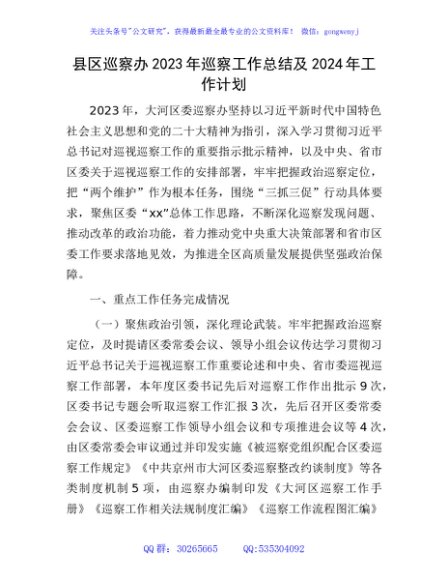  县区巡察办2023年巡察工作总结及2024年工作计划