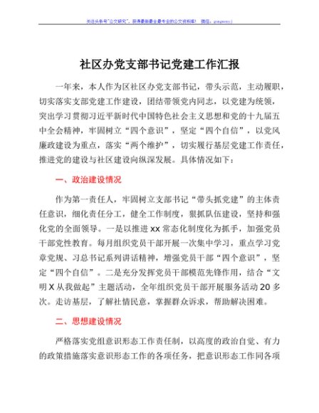 社区办党支部书记党建工作汇报