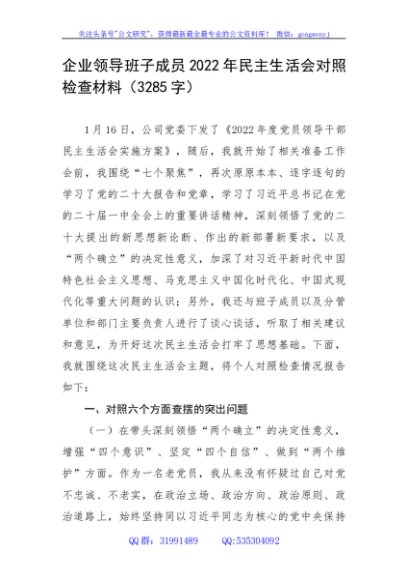 国企班子成员2022年民主生活会对照检查材料