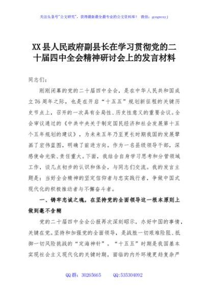 XX县人民政府副县长在学习贯彻党的二十届四中全会精神研讨会上的发言材料