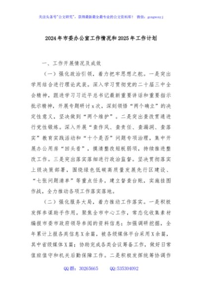 2024年市委办公室工作情况和2025年工作计划