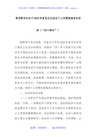 常务副市长关于2024年度民主生活会个人对照检视发言材料（“四个带头”）