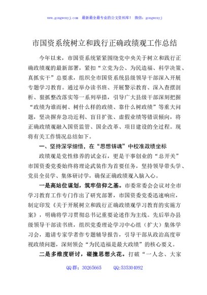 市国资系统树立和践行正确政绩观工作总结