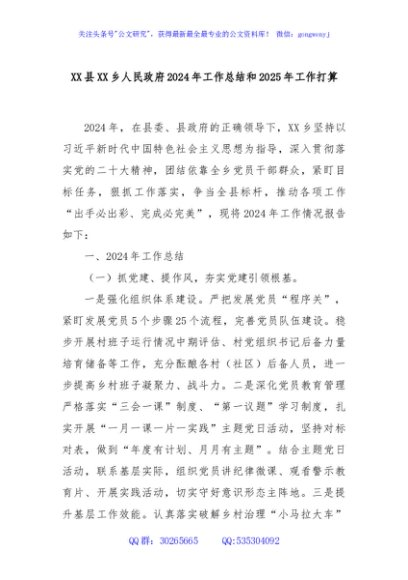 XX县XX乡人民政府2024年工作总结和2025年工作打算