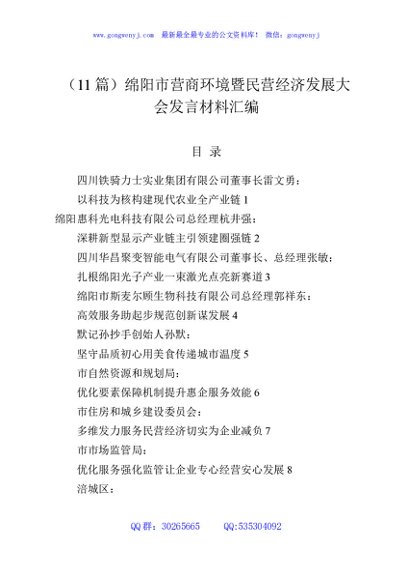 （11篇）绵阳市营商环境暨民营经济发展大会发言材料汇编