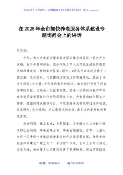 在2025年全市加快养老服务体系建设专题询问会上的讲话