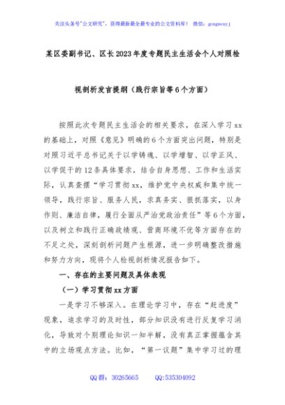 某区委副书记、区长2023年度专题民主生活会个人对照检视剖析发言提纲（践行宗旨等6个方面）