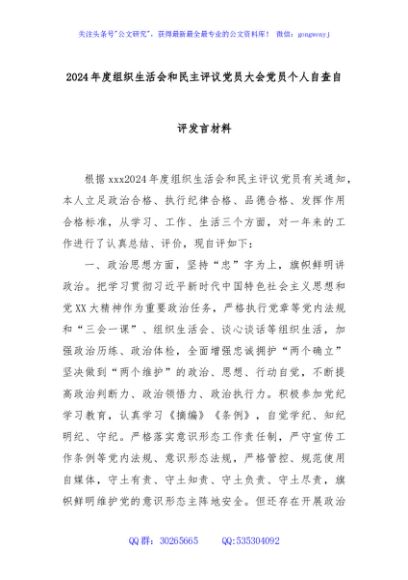 2024年度组织生活会和民主评议党员大会党员个人自查自评发言材料