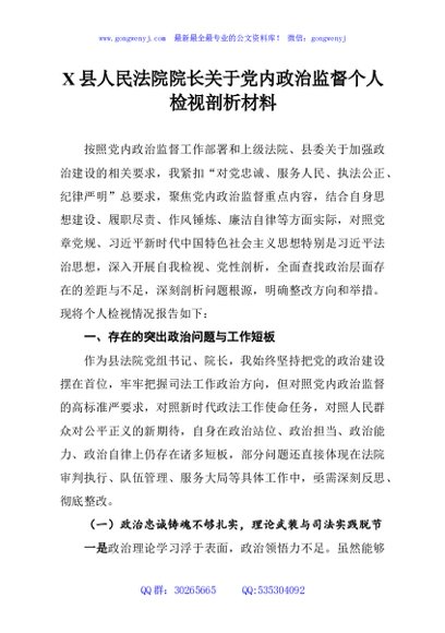 X县人民法院院长关于党内政治监督个人检视剖析材料