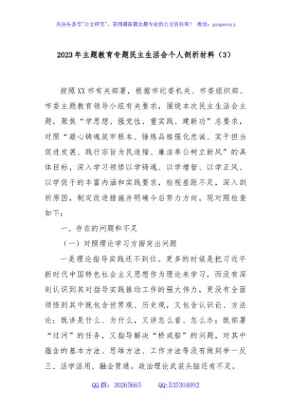 2023年主题教育专题民主生活会个人剖析材料（3）
