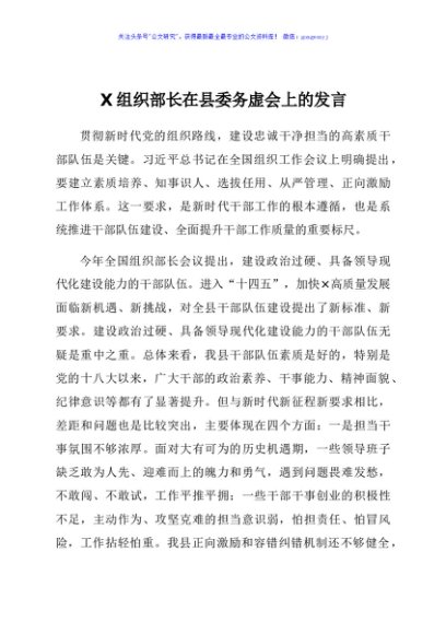 X组织部长在县委务虚会上的发言