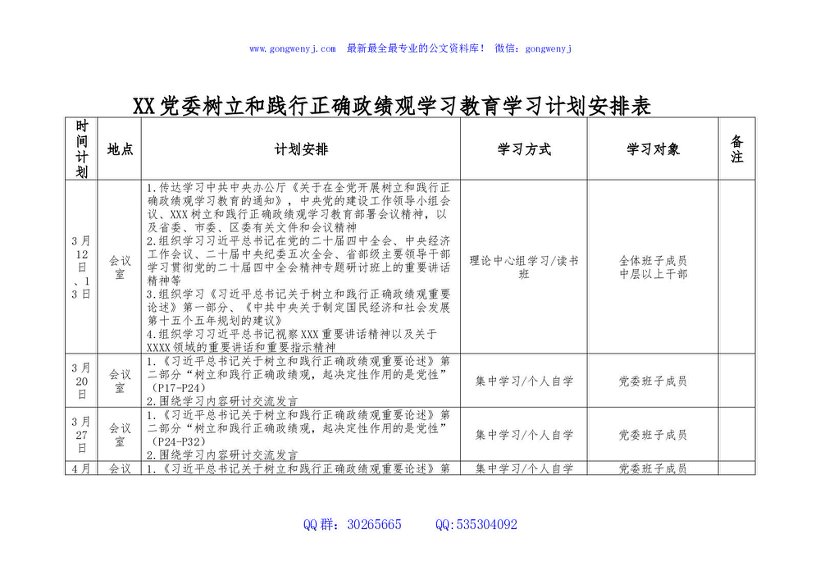 党委树立和践行正确政绩观学习教育学习计划安排表