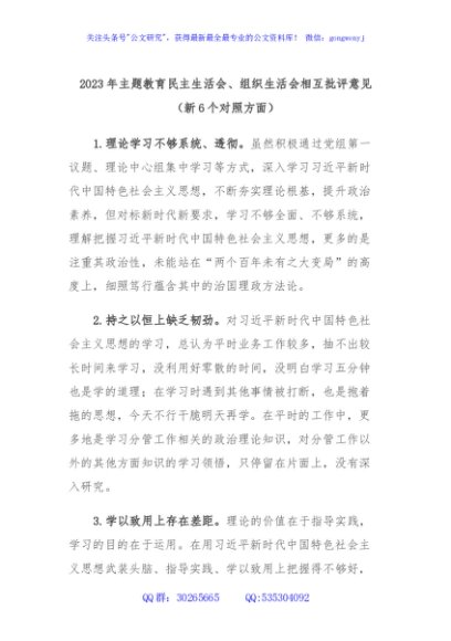 2023年主题教育民主生活会、组织生活会相互批评意见（新6个对照方面）