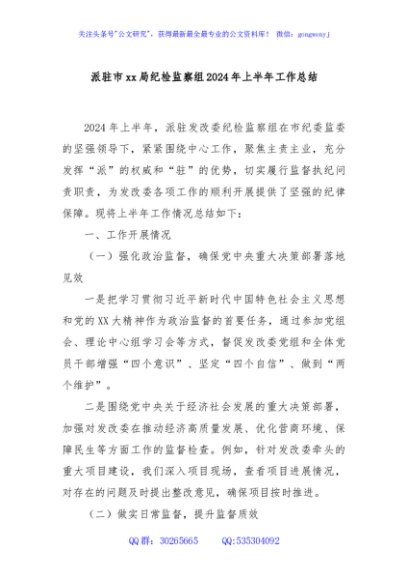 派驻市xx局纪检监察组2024年上半年工作总结