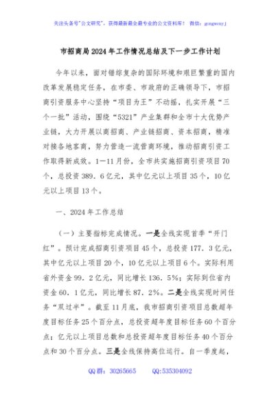 市招商局2024年工作情况总结及下一步工作计划