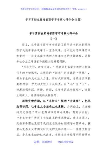 (6篇)学习贯彻在青海省西宁市考察心得体会
