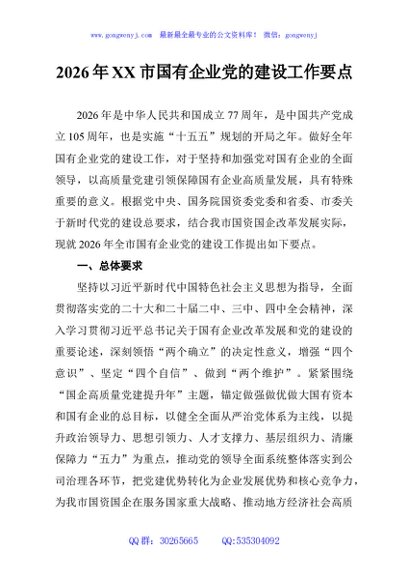 2026年XX市国有企业党的建设工作要点