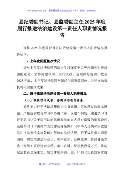 县纪委副书记、县监委副主任2025年度履行推进法治建设第一责任人职责情况报告