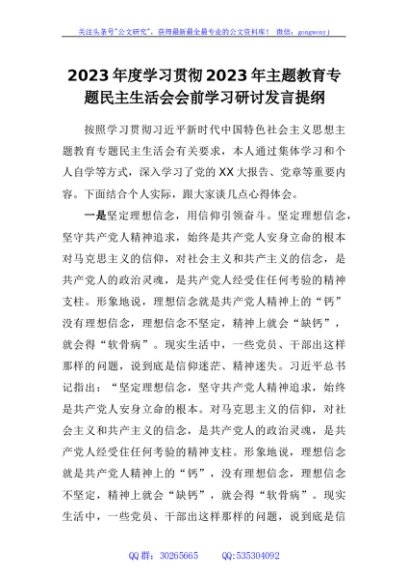 2023年度学习贯彻2023年主题教育专题民主生活会会前学习研讨发言提纲
