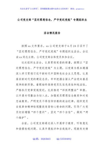 公司党支部“坚定理想信念，严守党纪党规”专题组织生活会情况报告