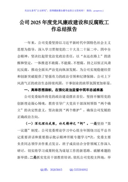 公司2025年度党风廉政建设和反腐败工作总结报告