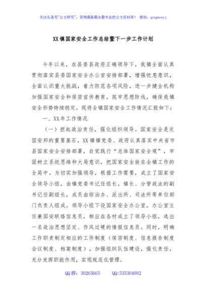 XX镇国家安全工作总结暨下一步工作计划