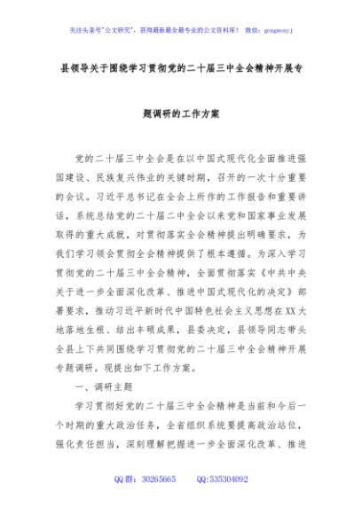 县领导关于围绕学习贯彻党的二十届三中全会精神开展专题调研的工作方案