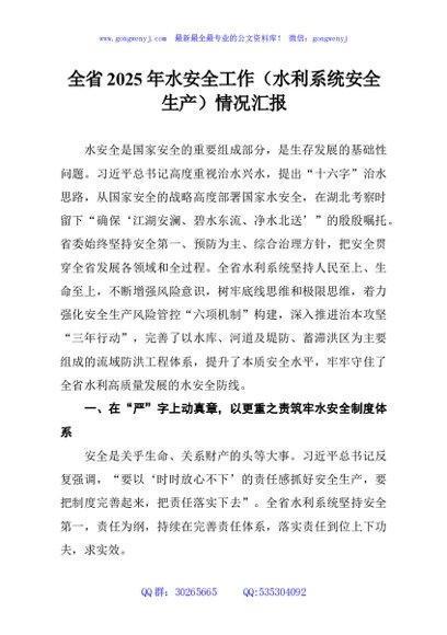 全省2025年水安全工作（水利系统安全生产）情况汇报