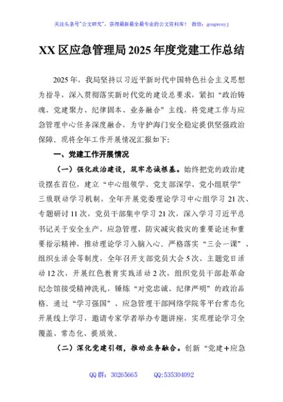 XX区应急管理局2025年度党建工作总结