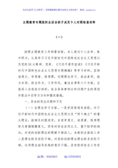 主题教育专题组织生活会班子成员个人对照检查材料（一）