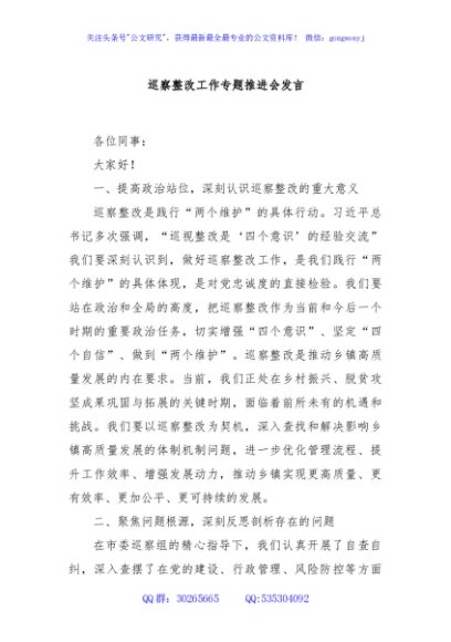 巡察整改工作专题推进会发言