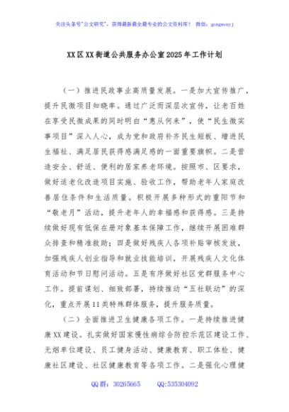 XX区XX街道公共服务办公室2025年工作计划