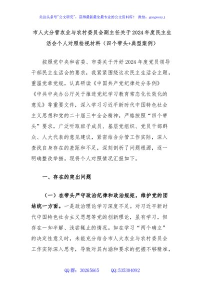 市人大分管农业与农村委员会副主任关于2024年度民主生活会个人对照检视材料（四个带头+典型案例）