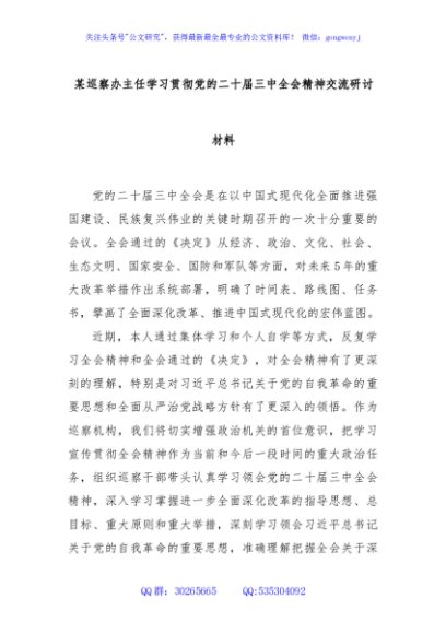 某巡察办主任学习贯彻党的二十届三中全会精神交流研讨材料