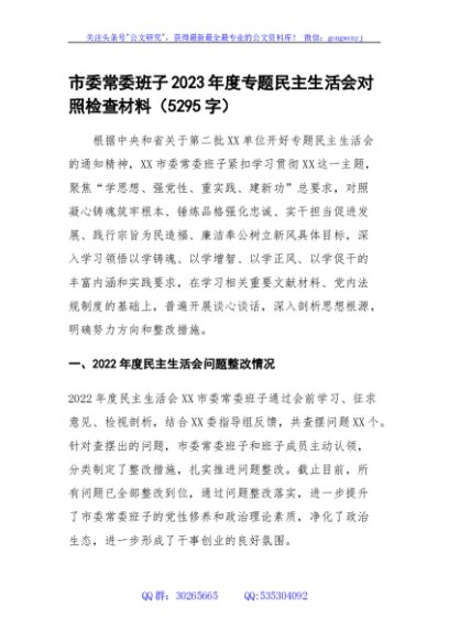 （班子）市委常委班子2023年度主题教育专题民主生活会对照检查材料