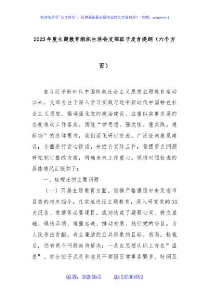2023年度主题教育组织生活会支部班子发言提纲（六个方面）