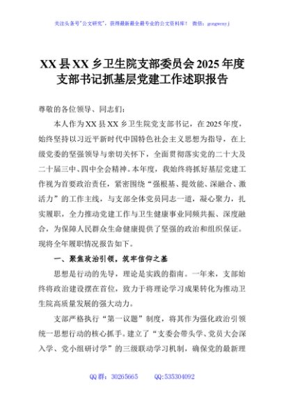 XX县XX乡卫生院支部委员会2025年度支部书记抓基层党建工作述职报告