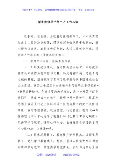 拟提拔领导干部个人工作总结