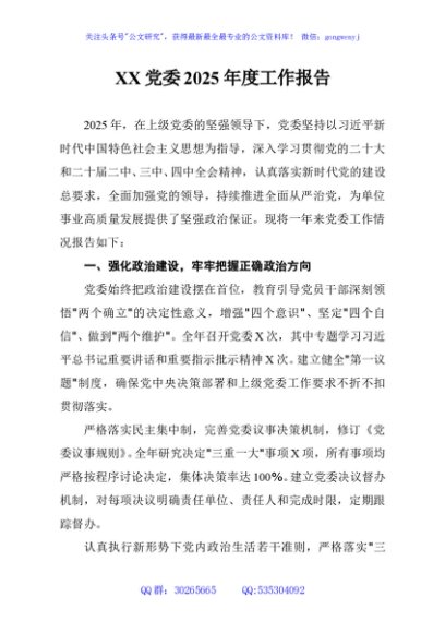 XX党委2025年度工作报告
